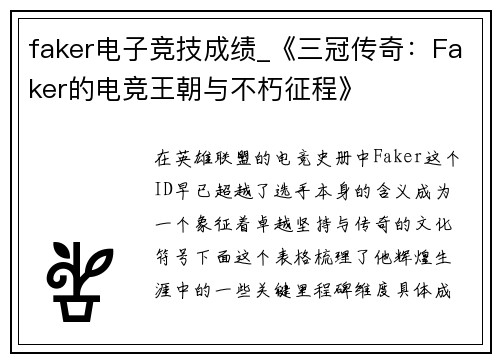 faker电子竞技成绩_《三冠传奇：Faker的电竞王朝与不朽征程》