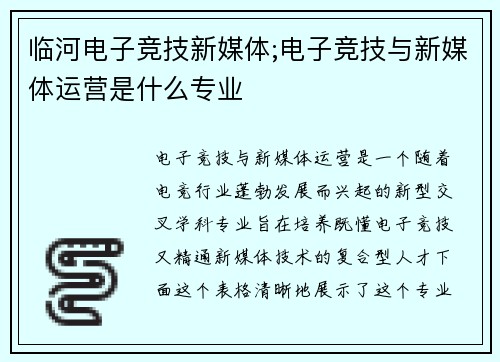 临河电子竞技新媒体;电子竞技与新媒体运营是什么专业